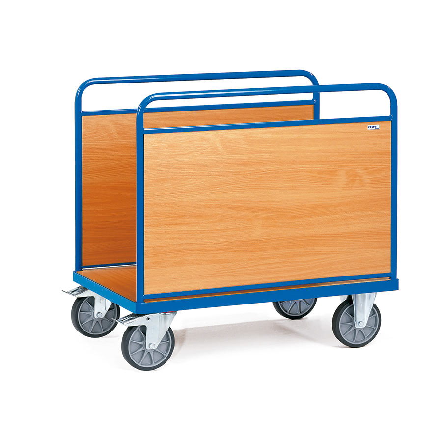 [039141] Carro de plataforma de madera con 2 paredes laterales de madera - Dim. plataforma de madera 1.000x700 mm - Azul Ral 5007