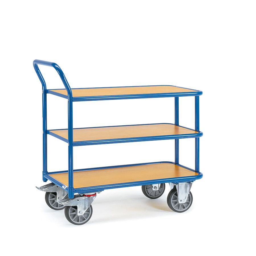 [039162] Carro de transporte para taller con 3 estantes fijos de madera - Dim. plataforma 1.000 x 700 mm - Azul ral 5007