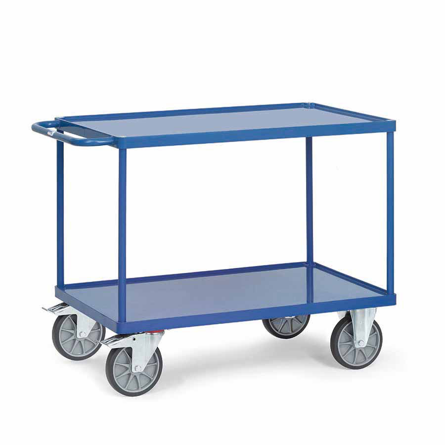 [039179] Carro de transporte para taller con 2 estantes fijos de acero con rebordes - Dim. plataforma 1.000x700 mm - Azul ral 5007