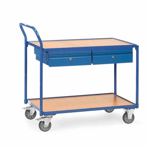 [039189] Carro de transporte para taller con 2 estantes fijos de madera y 2 cajones - Dim. plataforma 1.000x600 mm - Azul ral 5007