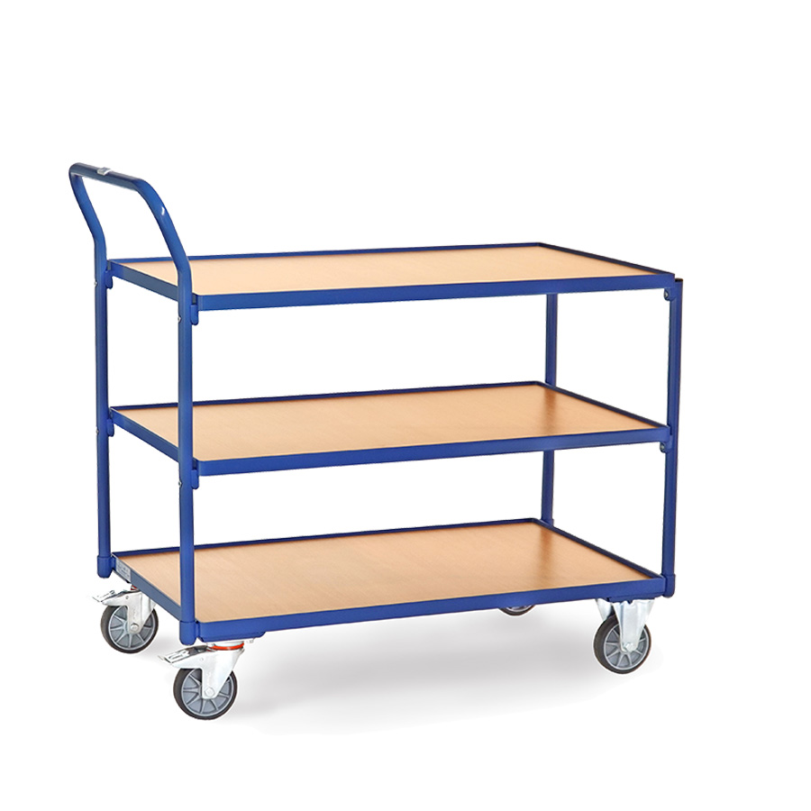 [039190] Carro de transporte para taller con 3 estantes fijos de madera - Dim. plataforma 1.000 x 600 mm - Azul ral 5007