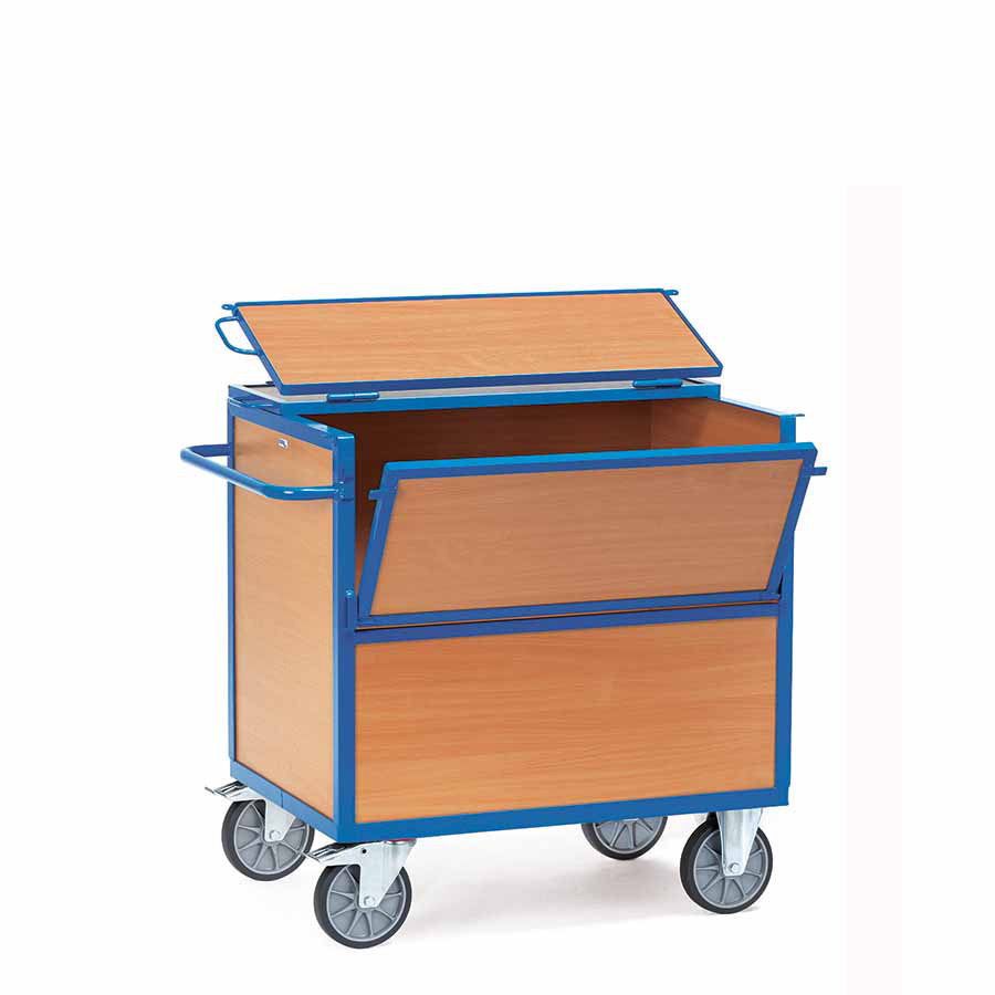 [039230] Carro protegido con paredes de madera y 2 puertas batientes - Dim. plataforma 1.000 x 700 mm - Azul ral 5007