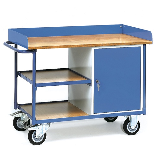 [039254] Carro de taller para herramientas con armario, estante y reborde superior - Dim. plataforma 1.120x650 mm - Gris ral 7035 y Azul ral 5007