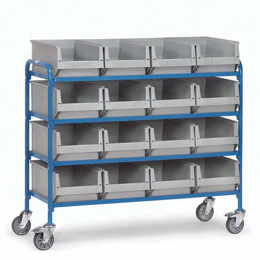 [039460] Carro porta cajas Eurobox con estante de madera (con cajas) - Dim. plataforma 1250 x 470 mm - Azul ral 5007