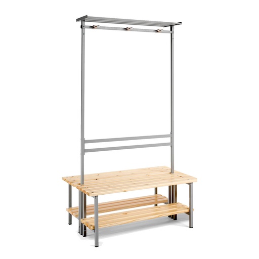 [039886] Banqueta para vestuario de acero a dos caras con asiento de madera, estante inferior y perchero integrado - Dim.: 1500x710x1880h mm - Gris Ral 7035