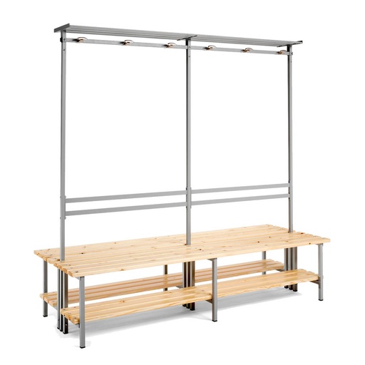 [039887] Banqueta para vestuario de acero a dos caras con asiento de madera, estante inferior y perchero integrado - Dim.: 2000x710x1880h mm - Gris Ral 7035