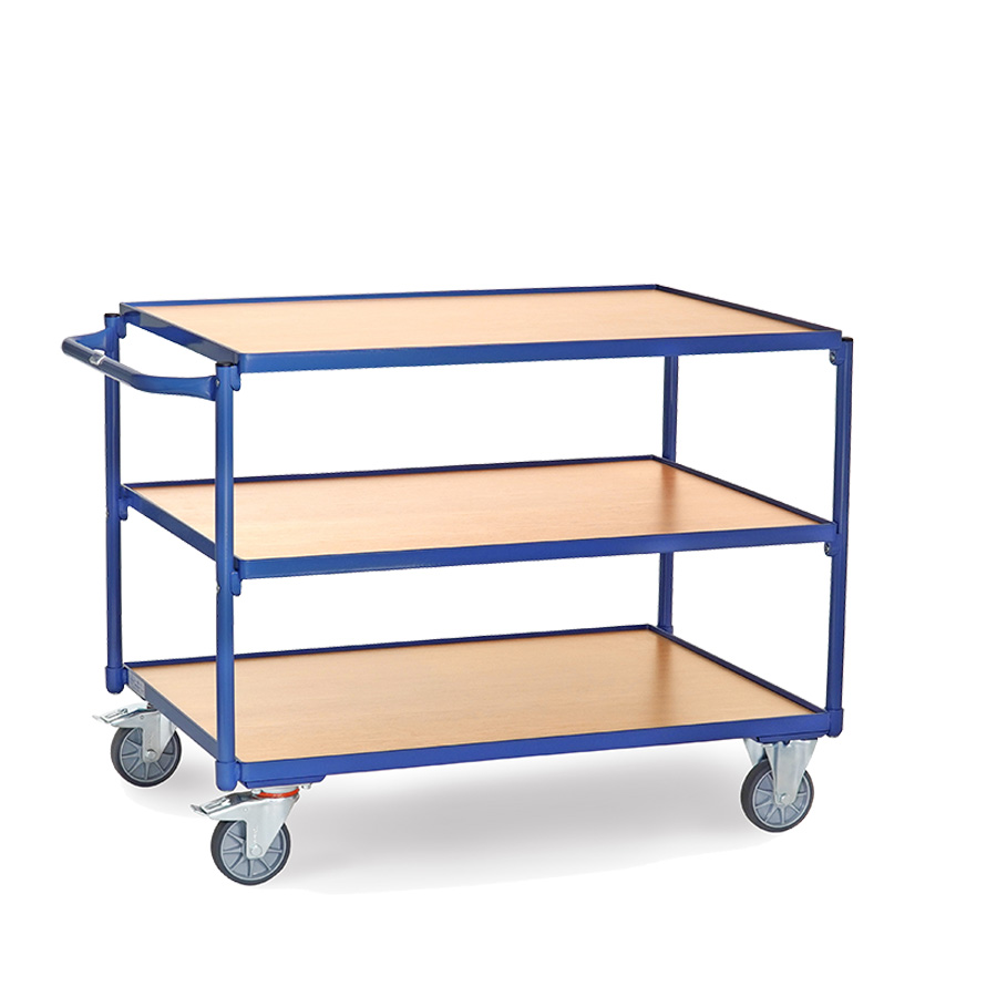 [039953] Carro de transporte para taller con 3 estantes fijos de madera - Dim. plataforma 1.000 x 700 mm - Azul ral 5007