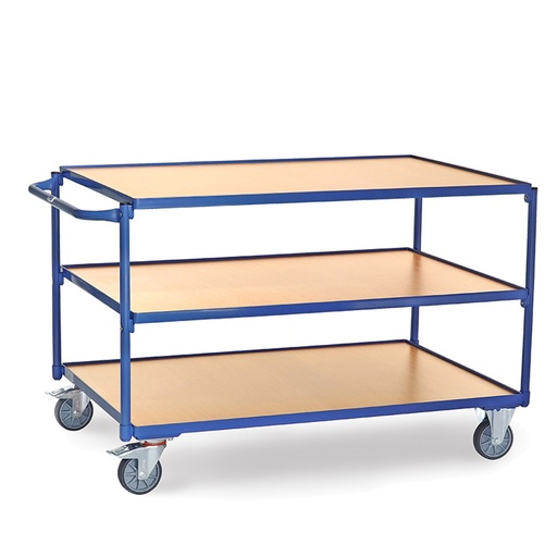 [039954] Carro de transporte para taller con 3 estantes fijos de madera - Dim. plataforma 1.200 x 800 mm - Azul ral 5007