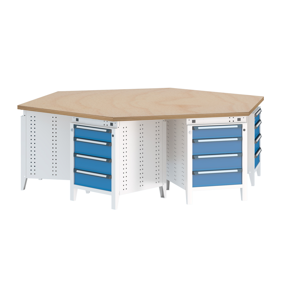 [040092] Banco de trabajo hexagonal serie Funcion - Dim.: 2690x2329x850h mm - Azul ral 5012 + Gris ral 7035