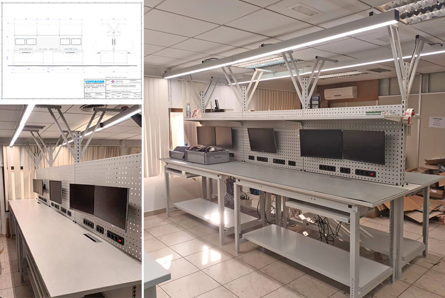 Estación de trabajo compuesta por 4 banco unidos formando una isla a dos caras. Estructura de banco multiusos con encimera de madera laminada y paneles verticales con iluminación, dotación eléctrica y de datos. Todo ello instalado en empresa de servicios informáticos.