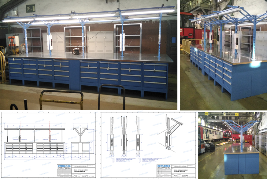 Empresa de transporte ferroviario. Banco de trabajo modular a 2 caras con zócalo especial, encimera de acero y paneles verticales con dotación eléctrica e iluminación