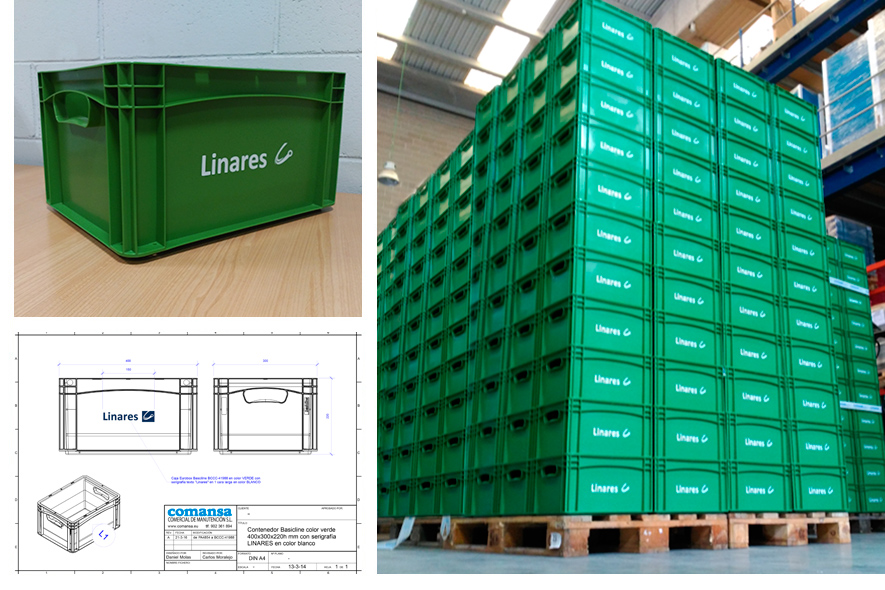 Contenedores plásticos eurobox de medidas 400x300x220h mm en color verde y con marcado en una cara larga del logotipo del cliente en color blanco
