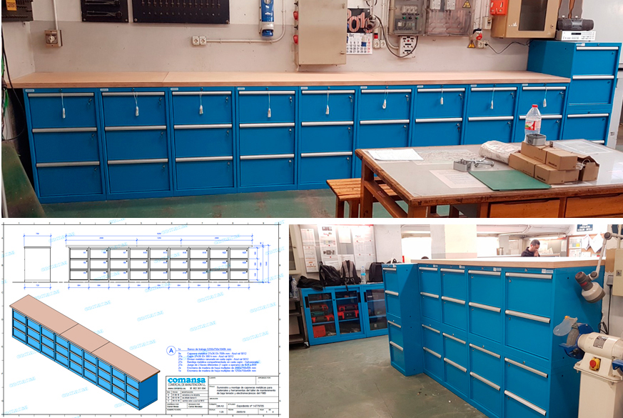 Cajoneras metálicas con cajones extraíbles y cerradura individual en cada cajón para zona de almacenamiento de empresa de mantenimiento ferroviario.