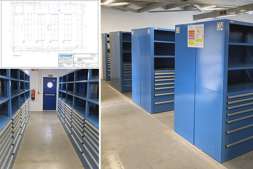 Diseño, tranporte y montaje de sistema de almacenaje compuesto por estanterías metálicas modulares con cajones extraíbles en sección de almacén de recambios de empresa petroquímica