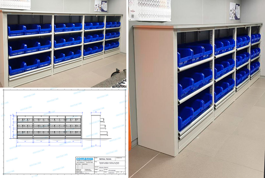 Estantería metálica modular con cajones extraíbles para laboratorio de muestras de empresa petroquímica.