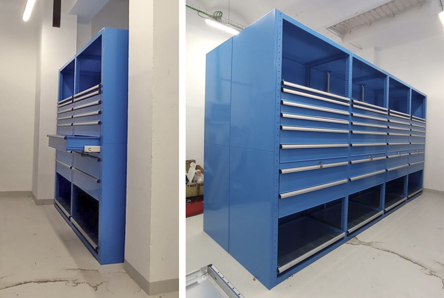 Adecuacion de un espacio de almacenaje. Importante empresa de servicios solicita la instalacion de medios necesarios para la guarda y custodia de herramientas y recambios necesarios para su actividad. Se consensua con el cliente el implantar estanterias metalicas modulares con cajones y bandejas extraibles. 