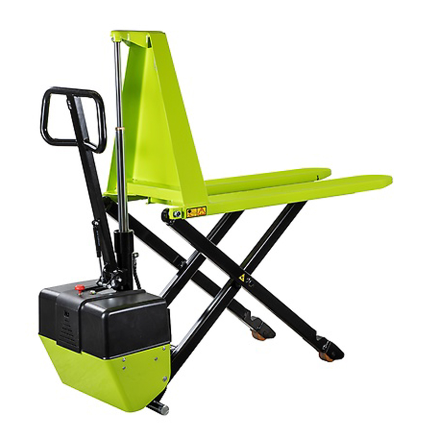 [042308] Transpaleta de pantógrafo de movimiento manual y elevación eléctrica - Dim. palas: 1525x540 mm - Verde Pantone 382C
