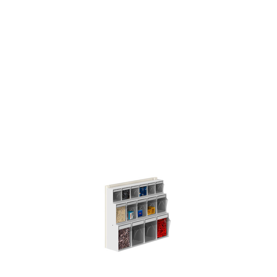 [042448] Soporte expositor metálico para fijar a pared con cajones Unibox - Dim.: 600x190x500h mm - Gris ral 7035