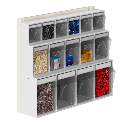 [042448] Soporte expositor metálico para fijar a pared con cajones Unibox - Dim.: 600x190x500h mm - Gris ral 7035