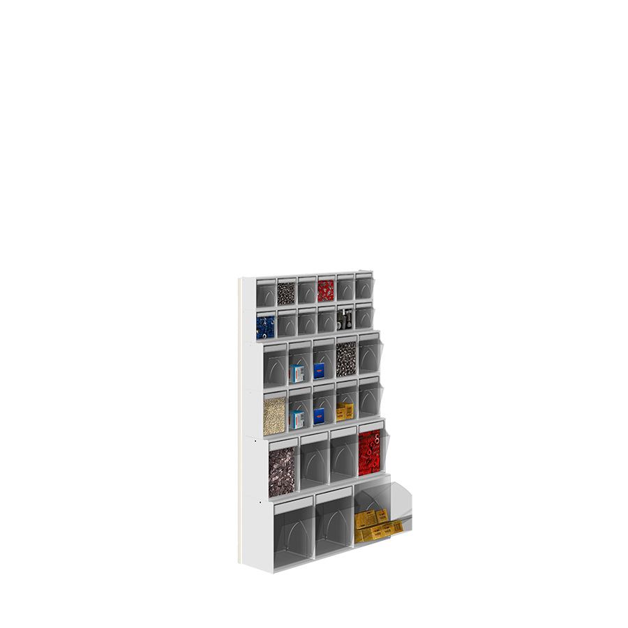 [042457] Soporte expositor metálico para fijar a pared con cajones Unibox - Dim.: 600x240x1000h mm - Gris ral 7035