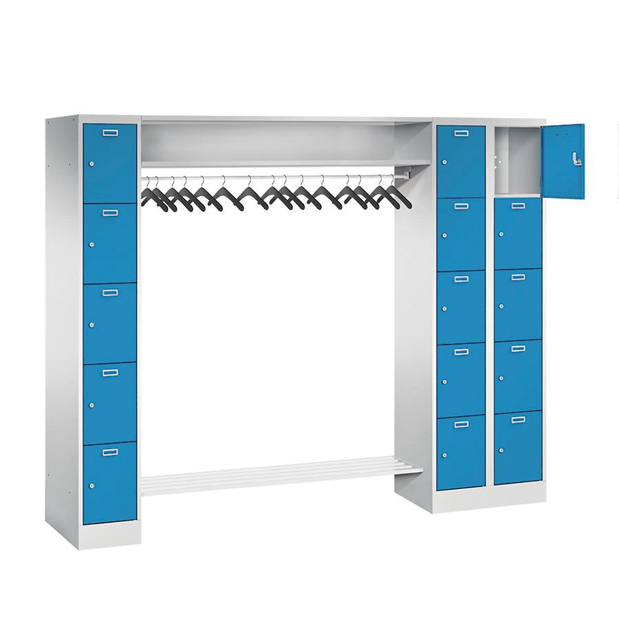 [042586] Consigna con 15 percheros y 15 puertas con cerradura de llave - Dim.: 2250x500x1950h mm - Gris ral 7035 + Azul ral 5012