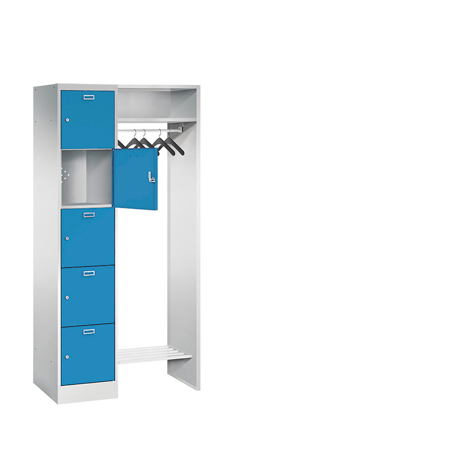 [042587] Consigna con 5 percheros y 5 puertas con cerradura de llave - Dim.: 850x500x1950h mm - Gris ral 7035 + Azul ral 5012