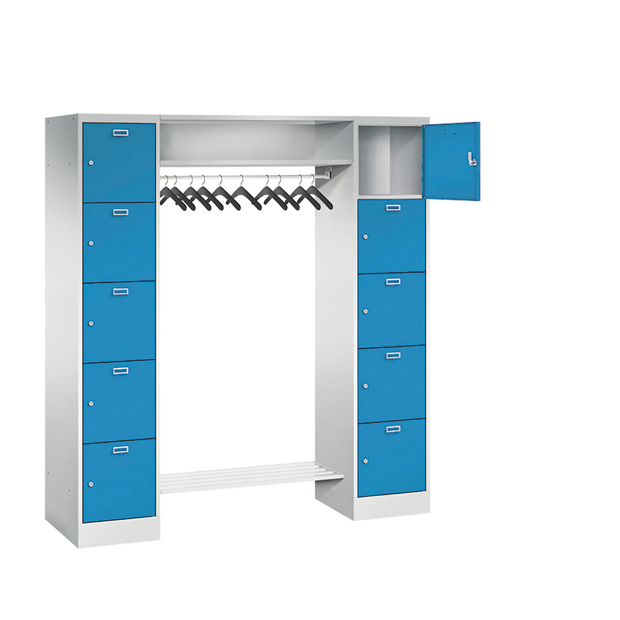 [042588] Consigna con 10 percheros y 10 puertas con cerradura de llave - Dim.: 1700x500x1950h mm - Gris ral 7035 + Azul ral 5012