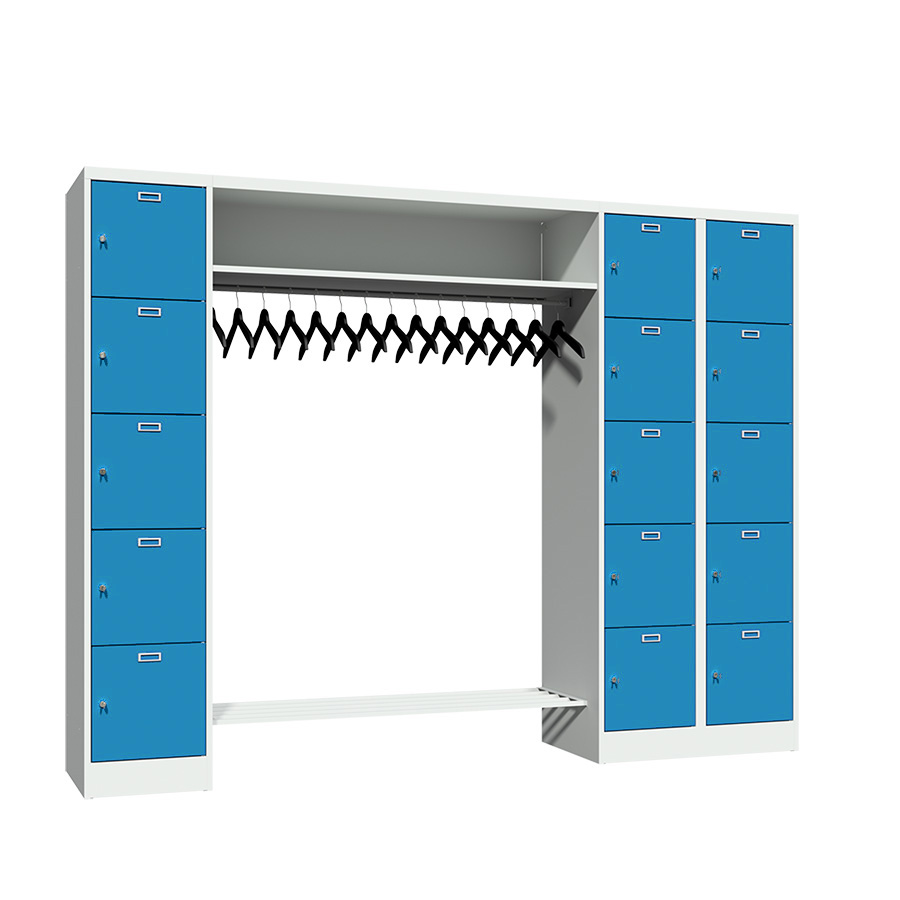 [042589] Consigna con 15 percheros y 15 puertas con cerradura de llave - Dim.: 2550x500x1950h mm - Gris ral 7035 + Azul ral 5012