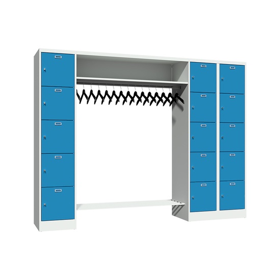 [042589] Consigna con 15 percheros y 15 puertas con cerradura de llave - Dim.: 2550x500x1950h mm - Gris ral 7035 + Azul ral 5012