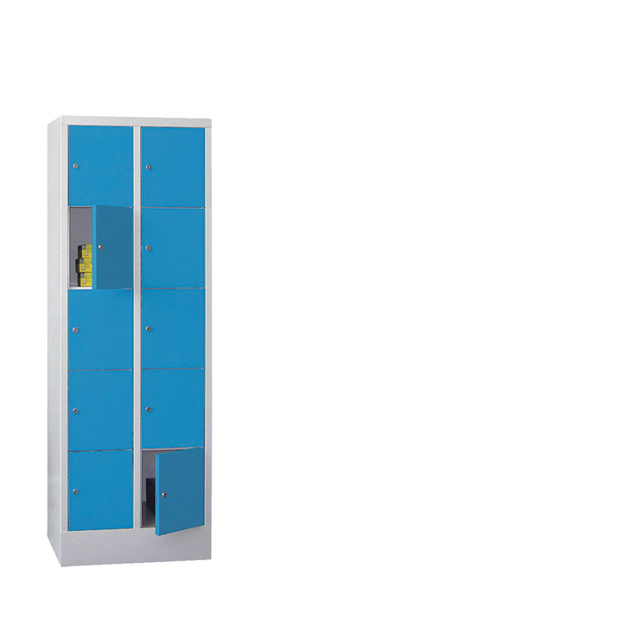 [042599] Consigna de 10 puertas con cerradura de llave - Dim.: 600x500x1850h mm - Gris ral 7035 + Azul ral 5012