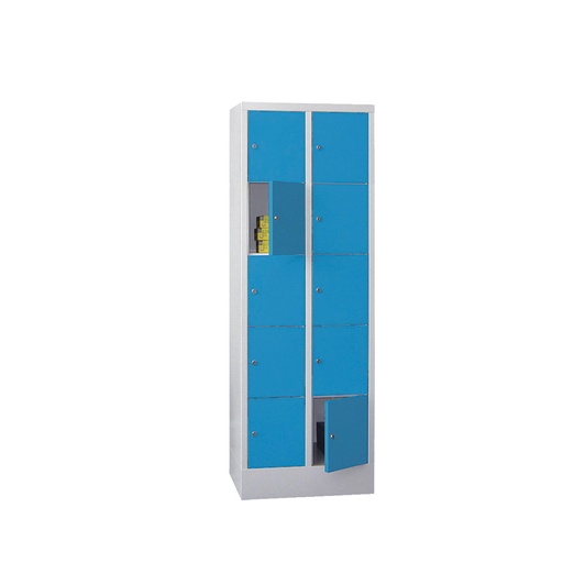 [042599] Consigna de 10 puertas con cerradura de llave - Dim.: 600x500x1850h mm - Gris ral 7035 + Azul ral 5012