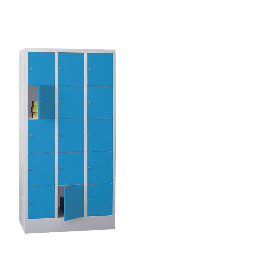 [042603] Consigna de 15 puertas con cerradura de llave - Dim.: 900x500x1850h mm - Gris ral 7035 + Azul ral 5012