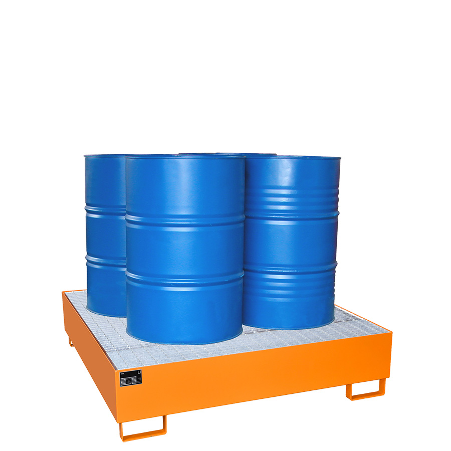 [043383] Cubeto de retención metálico con rejilla metálica - Cap.: 450 lts - Dim.: 1460x1460x355h mm - Naranja ral 2000