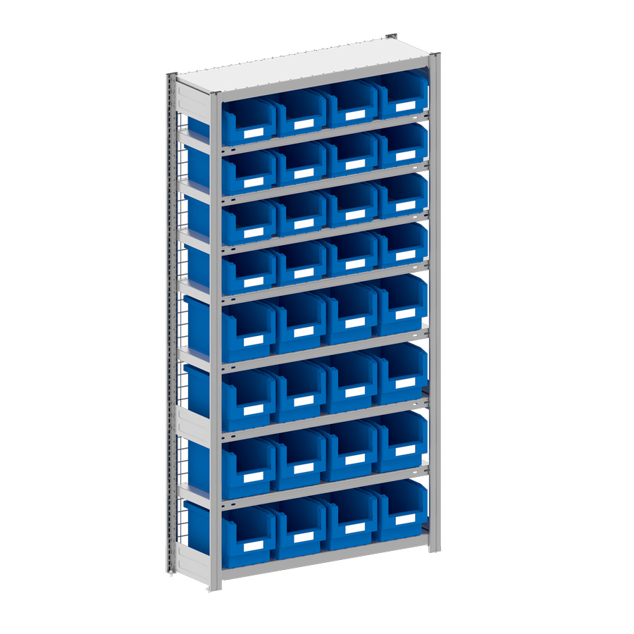[043991] Estantería metálica con 32 cajas Openbox SK azules - Dim.: 1058x324x2000h mm - Acero cincado