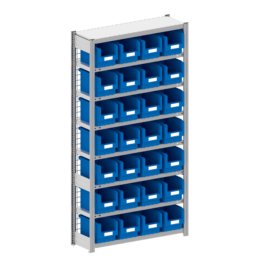[043995] Estantería metálica con 28 cajas Openbox SK azules - Dim.: 1058x324x2000h mm - Acero cincado