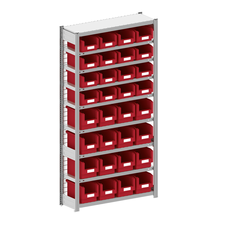 [044256] Estantería metálica con 32 cajas Openbox SK rojas - Dim.: 1058x324x2000h mm - Acero cincado