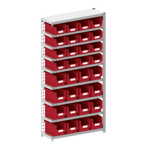 [044259] Módulo adicional de estantería metálica con 32 cajas Openbox SK rojas - Dim.: 1008x324x2000h mm - Acero cincado