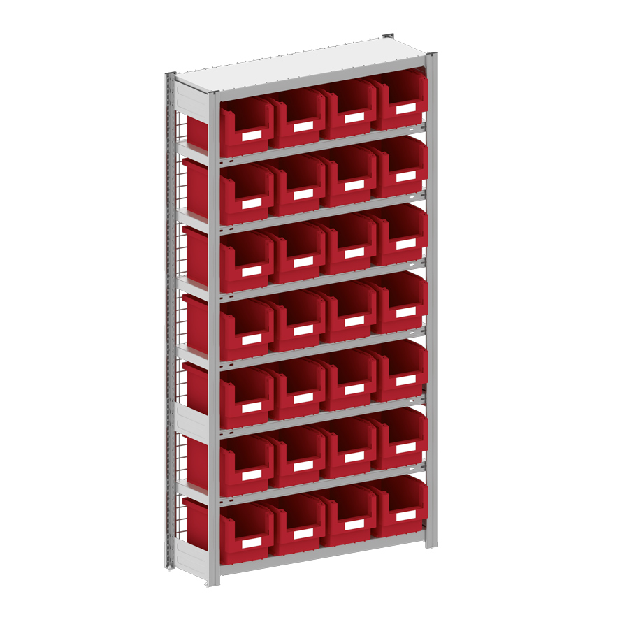 [044268] Estantería metálica con 28 cajas Openbox SK rojas - Dim.: 1058x324x2000h mm - Acero cincado