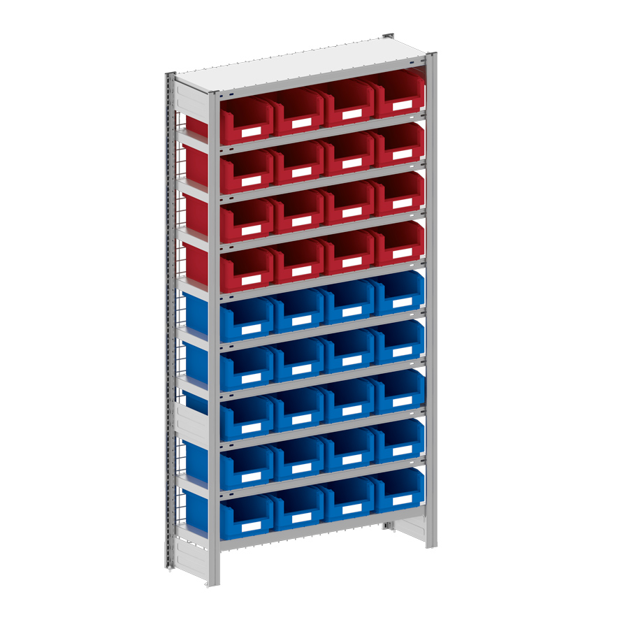 [044295] Estantería metálica con 36 cajas Openbox SK, 20 azules y 16 rojas - Dim.: 1058x324x2000h mm - Acero cincado