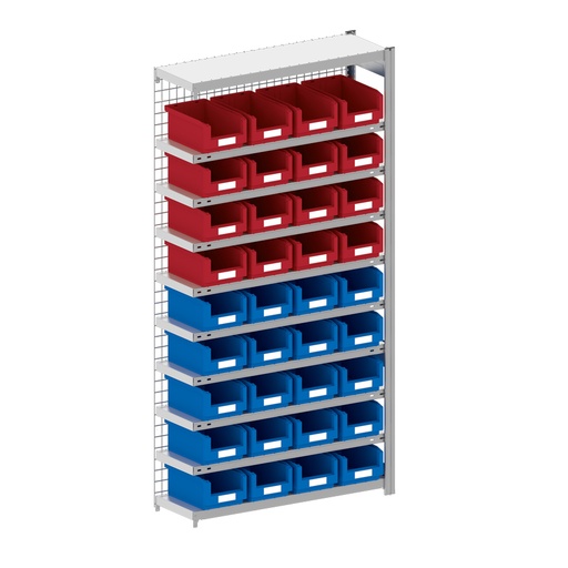 [044298] Módulo adicional de estantería metálica con 36 cajas Openbox SK, 20 azules y 16 rojas - Dim.: 1008x324x2000h mm - Acero cincado