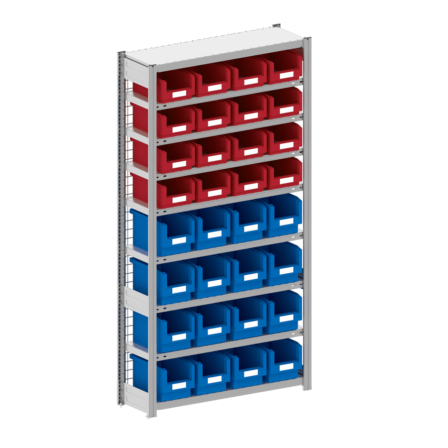 [044301] Estantería metálica con 32 cajas Openbox SK, 16 azules y 16 rojas - Dim.: 1058x324x2000h mm - Acero cincado
