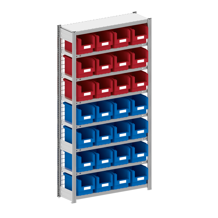[044312] Estantería metálica con 28 cajas Openbox SK, 16 azules y 12 rojas - Dim.: 1058x324x2000h mm - Acero cincado