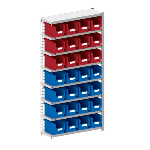 [044316] Módulo adicional de estantería metálica con 28 cajas Openbox SK, 12 rojas y 16 azules - Dim.: 1008x324x2000h mm - Acero cincado