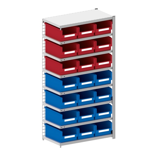 [044323] Módulo adicional de estantería metálica con 21 cajas Openbox SK, 12 azules y 9 rojas - Dim.: 1008x524x2000h mm - Acero cincado