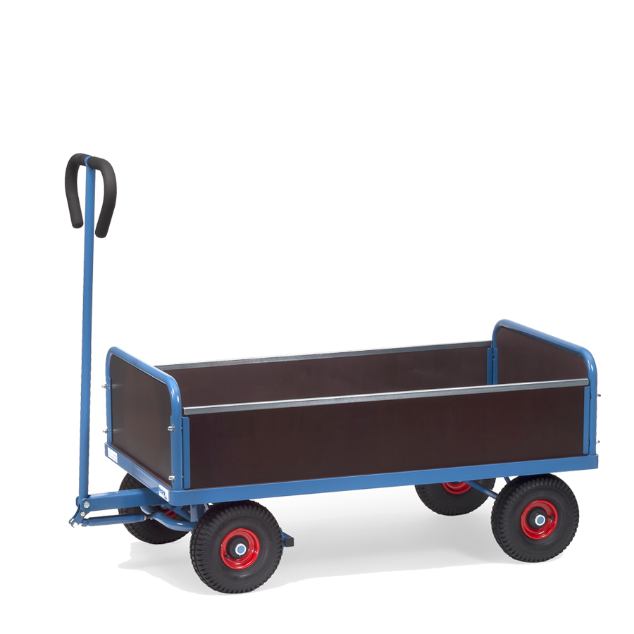 [044818] Remolque de tracción manual con paredes de madera - Dim. plataforma 1000x550 mm - Azul ral 5007