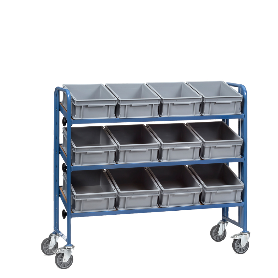 [044829] Carro porta cajas Eurobox con estante de madera (con cajas) - Dim. plataforma 1240 x 415 mm - Azul ral 5007