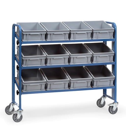 [044829] Carro porta cajas Eurobox con estante de madera (con cajas) - Dim. plataforma 1240 x 415 mm - Azul ral 5007