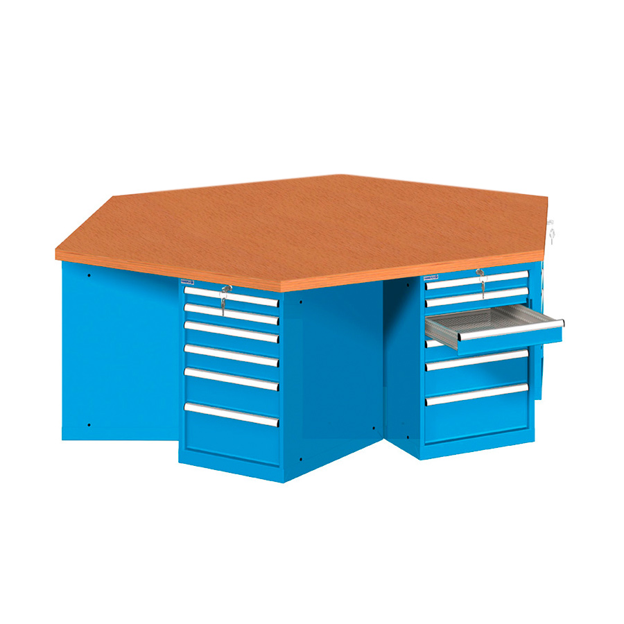 [044837] Banco de trabajo estándar hexagonal - Dim.: 2500x2165x840h mm - Encimera 40 mm, 6 cajoneras y 36 cajones - Azul ral 5012