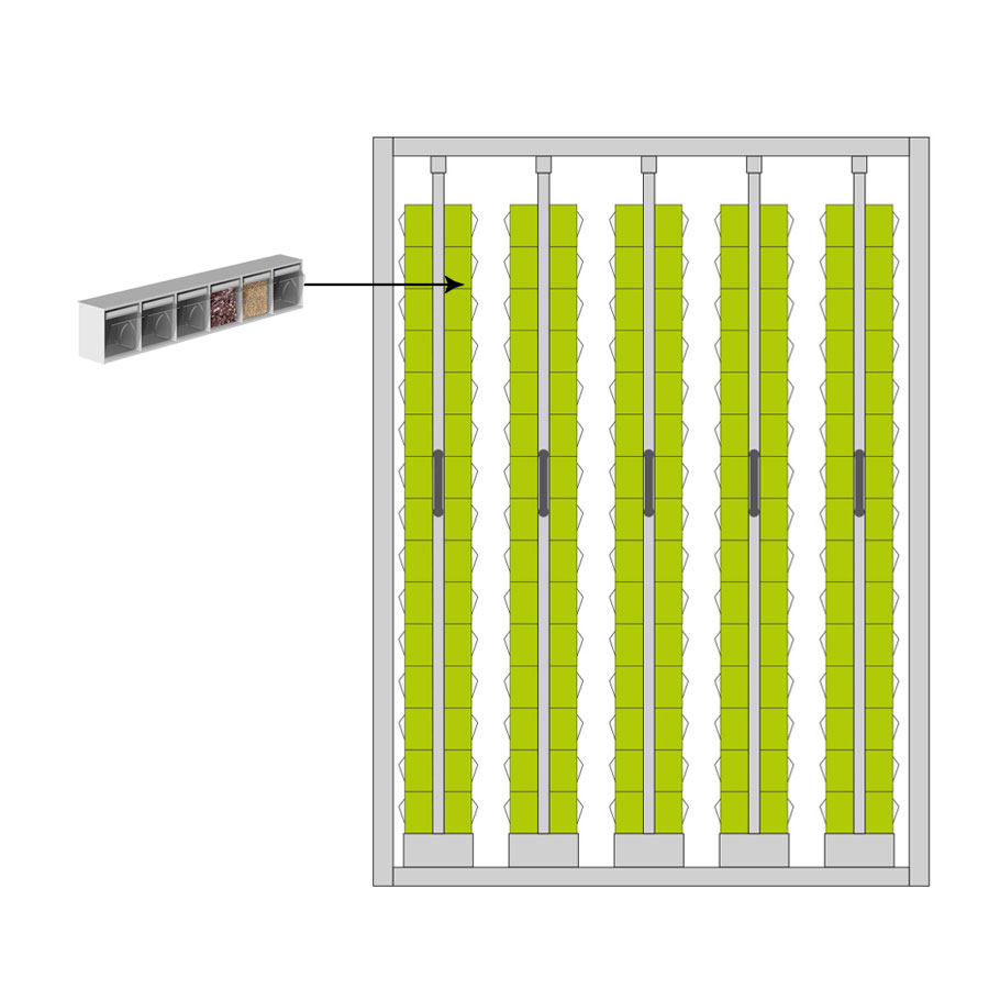 [044962] Estantería metálica con 5 estantes verticales extraíbles con contenedores Unibox - Dim.: 1481x707x2000h mm - Gris ral 7035