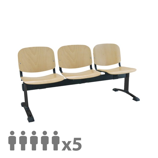 [045204] Banqueta con asientos de madera 5 plazas y patas negras - Dim.: 2500x600x770h mm - Madera
